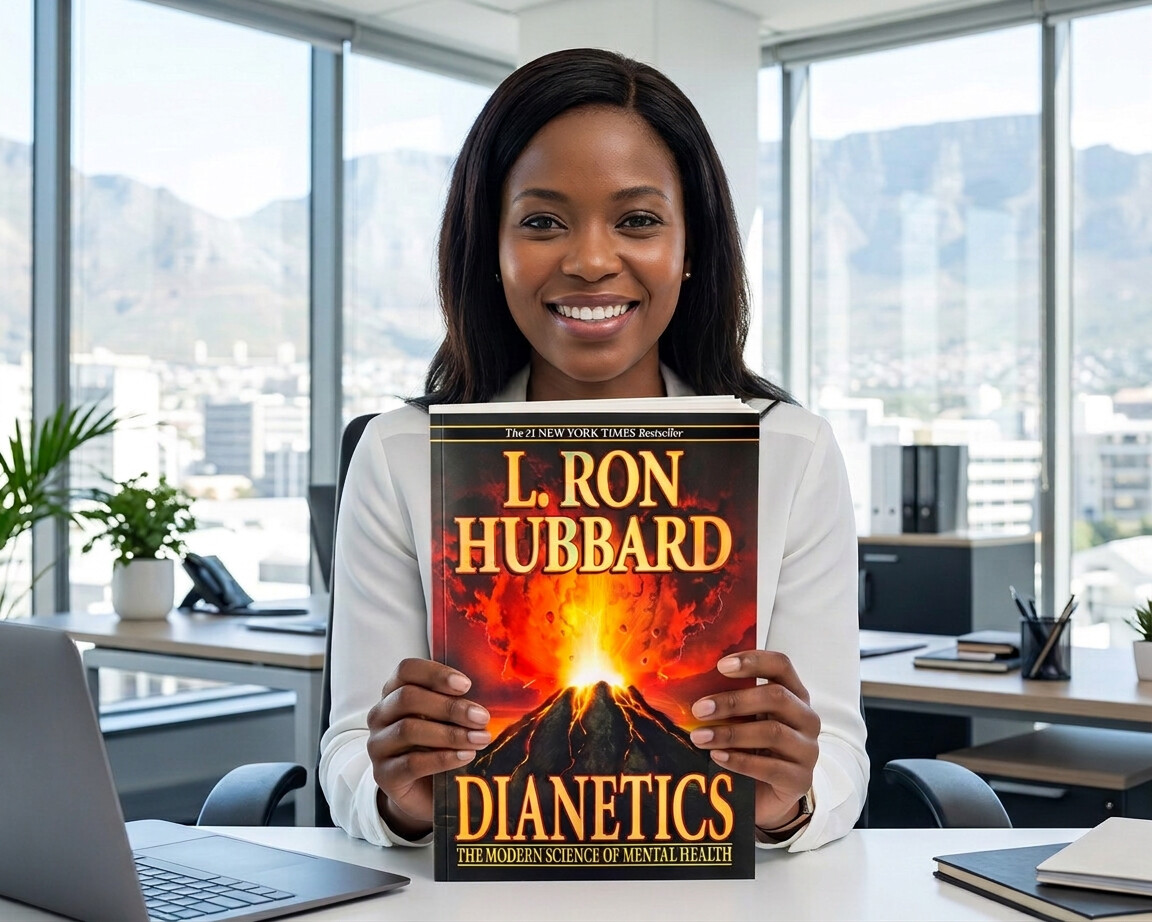 South African professional reading Dianetics after a demanding workday