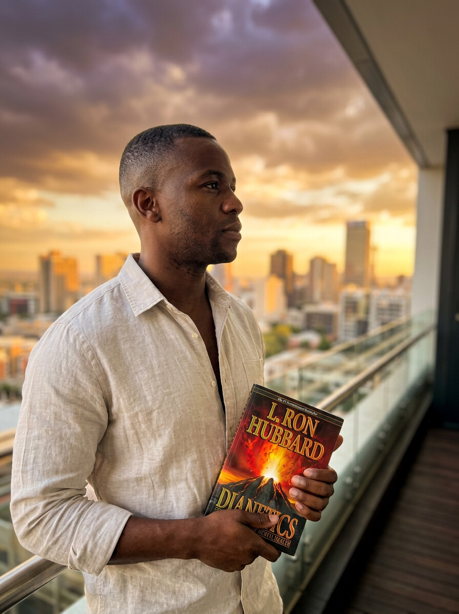 Johannesburg professional with city skyline reading Dianetics