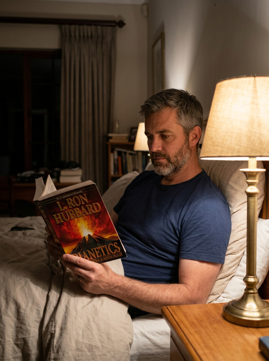 Professional reading Dianetics during a quiet moment between commitments