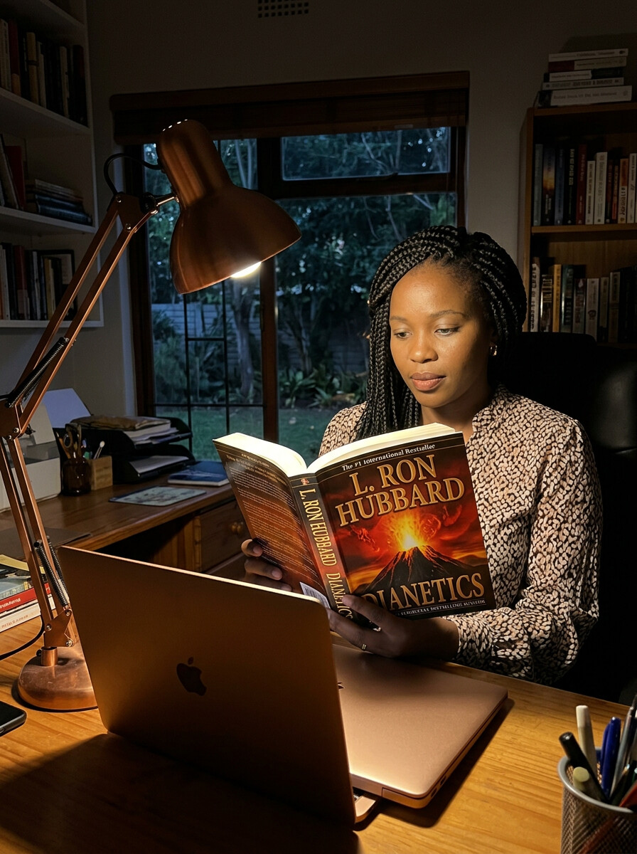 Professional reading Dianetics at a home office desk in South Africa
