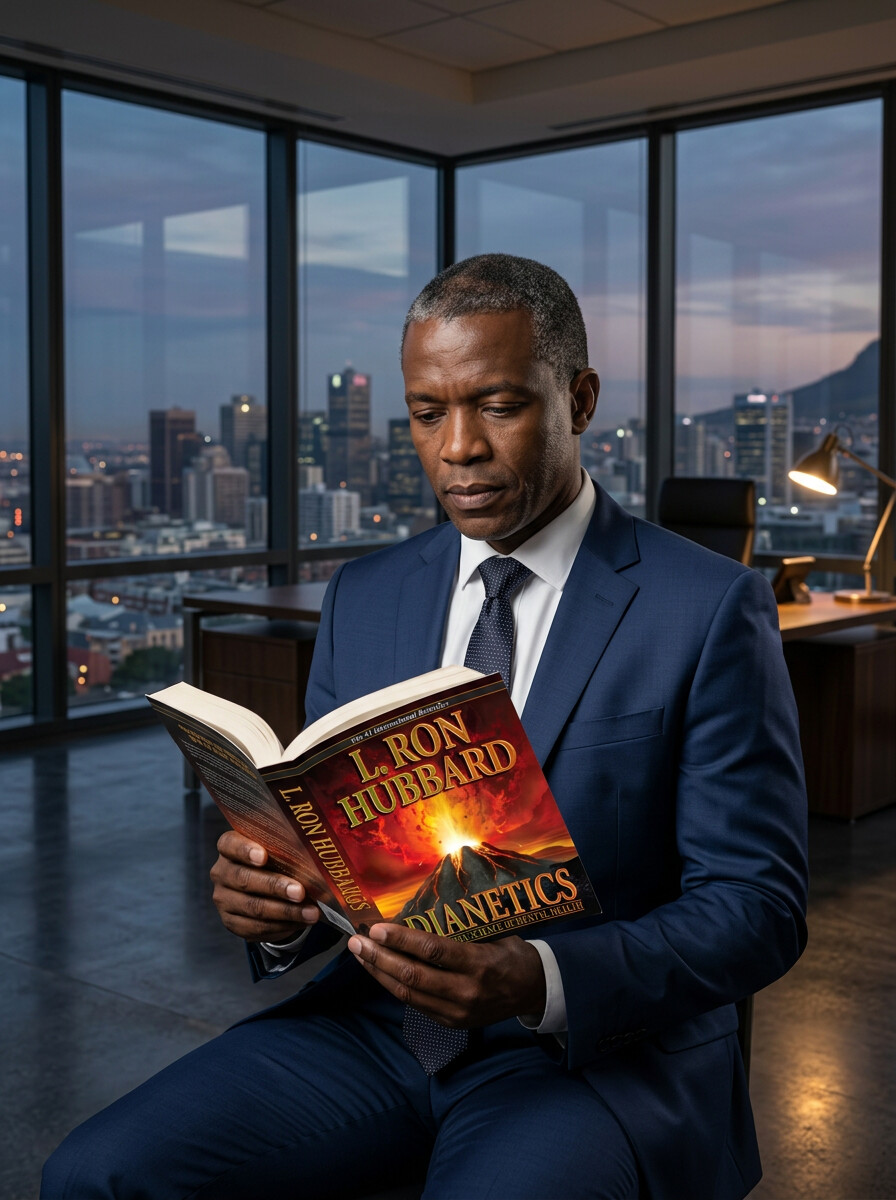 South African executive reading Dianetics during a quiet moment after work