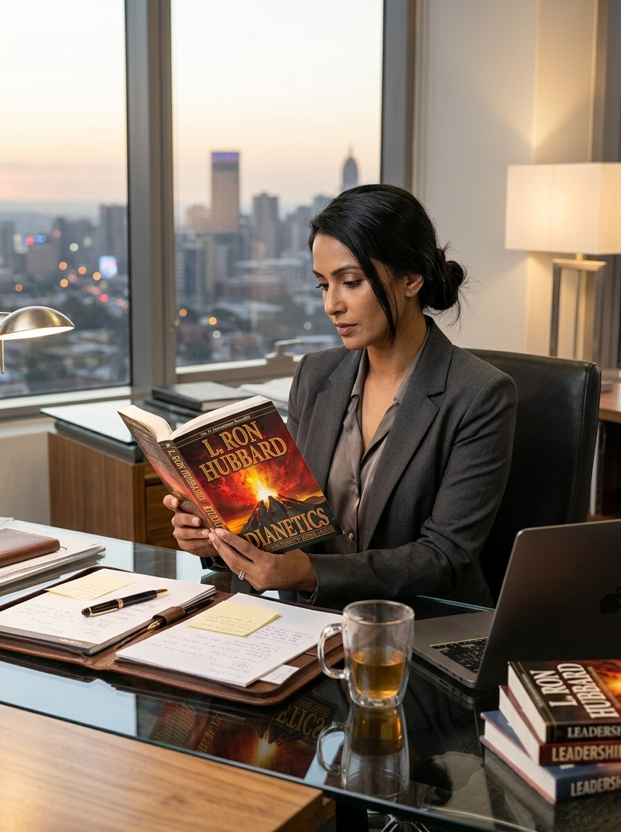 South African executive woman reading Dianetics after meetings