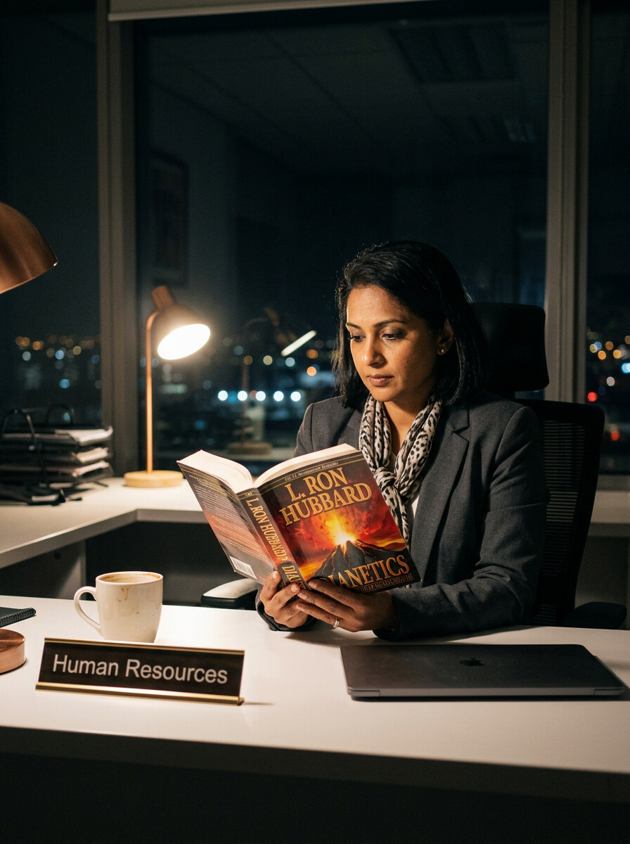 Person reading Dianetics at a kitchen table in the morning